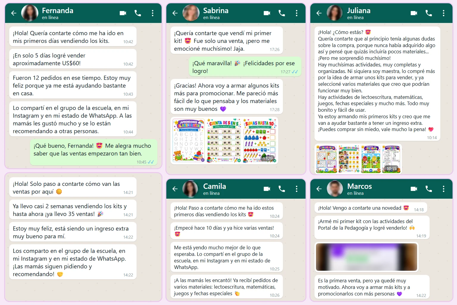 Mensajes de clientes contando sus primeras ventas con los kits del Portal de la Pedagogía